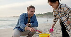 Sandcastle, bucket and father with son at beach for bonding, support and summer vacation. Travel getaway, family holiday and plastic toys with parent and child outdoor for games, sand and tropical