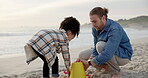 Sandcastle, help and father with son at beach for bonding, support and summer vacation. Travel getaway, family holiday and plastic toys with parent and child outdoor for games, sand and tropical