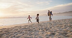 Running, happy and love with family at beach for support, summer vacation and bonding. Travel holiday, connection and trust with parents and children playing outdoor for getaway trip, explore or care