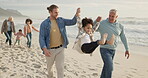 Holding hands, walk and happy with big family at beach for support, summer vacation and bonding. Travel holiday, connection and grandparents with parents and children outdoor for generations and care