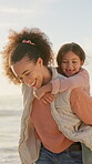 Beach, mother and daughter with piggyback together for bonding, family fun or summer holiday. Love, outdoor and security with happy woman carrying girl child on coast for break, getaway or vacation