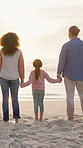 Back, parents and holding hands with child at beach for travel, adventure and bonding on holiday. Space, interracial family and kid with affection, sightseeing view and seashore for tropical vacation