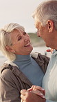 Dance, outdoor and senior couple with smile for bonding, travel holiday and funny joke for anniversary trip. Romance, vacation and old people with laugh for support, connection and tourism in nature
