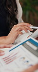 Data analysis, discussion and hands of people in office, track sales profit and performance statistics. Review, paperwork or staff with kpi report for customer insights, planning or pricing strategy