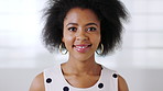 Face, business and creative black woman in office, event planner and venue coordinator with smile. Portrait, happy person and professional organizer with career opportunity, about us and worker