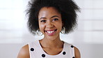 Smile, face and black woman in office for journalist, creative experience and about us pride. Business, journalism and laugh at publishing agency for career development, news reporting and growth