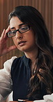 Employee, glasses and woman with stress in office, publicist or frustrated with pr campaign failure. Disappointed, person and confused by project results, eyewear and thinking of ad budget loss