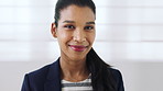 Face, business and woman in company, smile and confident financial consultant with ambition. Portrait, happy person and wealth advisor, about us and professional employee in workplace in Brazil