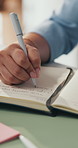 Business woman, hands and writing with planning in office for project tasks, agenda or reminder. Employee, meeting or notebook with to do list for minutes, schedule management or report in workplace