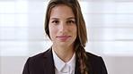 Face, idea and business woman in office, about us and tax consultant with ambition. Portrait, happy person and financial accountant with vision, auditor and corporate worker thinking in France