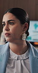 Pen, planning and thinking with business woman in office for brainstorming, ideas or strategy. Glass wall, problem solving and solution with employee people in workplace for design or inspiration