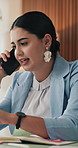 Phone call, creative agency and woman in office, discussion and digital app for online interview. Person, copywriting or journalist in workplace, cellphone or communication for questions or feedback