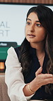 Meeting, business and woman explain in office for discussion, planning and editor feedback. Female person, talking or briefing with story pitch, headline ideas and reading information for publication