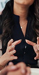 Business woman, hands and conversation with notes in office for project tasks, agenda or reminder. Employees, meeting or planning with notebook for minutes, schedule discussion or report in workplace