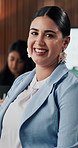 Face, smile and business woman in meeting for finance,  actuary and corporate worker in office. Portrait, happy professional and employee with ambition, career opportunity and risk management