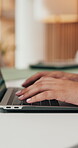 Hands, laptop and typing with business person at desk in office for development or planning. Computer, keyboard and research with employee woman in workplace for online feedback, report or review