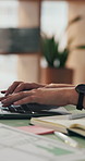 Business person, hands and typing with laptop in office for project tasks, agenda or reminder. Employee, notebook or documents with technology for minutes, schedule plan or report in workplace