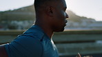 Running, training and black man in city, profile and exercise for health benefits, routine and practice. Cardio, runner and person in street, workout and fitness for wellness, endurance or challenge