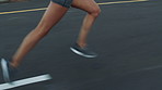 Running, exercise and person in city, legs and training for health benefits, shoes and cardio workout. Routine, runner or athlete in street, fitness or sneakers for practice, challenge or motion blur
