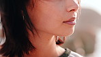 Wind, thinking and woman on beach outdoor for summer idea, planning or vacation memory. Female person, travel or relax for reflection, calm morning and weekend break or holiday getaway in Miami