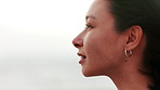 Smile, thinking and woman on beach for summer idea, planning or vacation memory. Female person, travel or freedom for reflection, calm morning and weekend break or holiday getaway with outdoor space