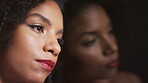 Beauty, thinking or woman with lipstick by mirror, glamour aesthetic or facial cosmetics for wellness. Grooming idea, reflection or African person with makeup for transformation, mouth color or shine