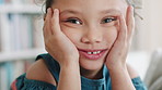 Happy, relax and child in library at school with confidence for development, learning or growth. Education, smile and girl kid student with positive attitude for scholarship at academic campus.