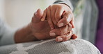 Holding hands, home and girl with grandmother on couch for love, support and bonding together. Family, care and person with child in living room for empathy, connection and security in relationship