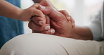 Holding hands, love and child with grandmother on sofa  for home, support and bonding together. Family, care and person with girl in living room for empathy, connection and security in relationship