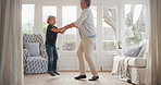 Dance, smile and grandmother with child in home with music for bonding, fun or connection together. Happy, energy and senior woman with boy kid for groove to radio in living room at apartment.