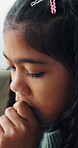 Anxiety, think and girl with fear in home, mental health crisis and family separation for abandon feeling. Upset, childhood trauma and kid with depression for divorce news, sad and nervous for future