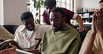 Stress, tablet and talking with people on sofa in living room of home for serious discussion. App, conversation and streaming with group of male friends in apartment together for fail or mistake