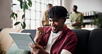 Happy, fist pump and man in home, tablet for celebration and digital app for gambling profit. Smile, connection and person on sofa, cheering or technology for online winning and alert for bet success