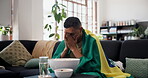 Disappointed, flag and sad man watching tv in home, sports competition and upset for soccer game results. Live stream, football match and frustrated for tournament loss, Brazil team fan and failure