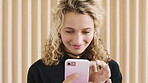 Reading, smile or woman with phone in creative agency, check project deadline or digital work newsletter. Review calendar, email and person with mobile for message app, staff bulletin or notification
