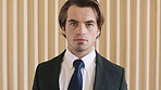 Face, investor and man in office, serious and about us for investment company website homepage. Person, corporate professional and financial advisor in workplace, confidence and career ambition