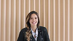 Face, laugh and business woman in office, creative copywriter and person with opportunity. Portrait, smile and funny professional with pride, content writer or employee with space in workplace in USA