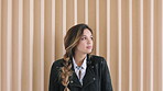 Face, woman and thinking in office for journalism career, news reporting and job development. Publishing agency, journalist and reflection for creative opportunity, ambition and about us in newsroom