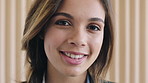 Face, business and woman in office, smile and creative agency for publishing, author and about us. Happiness, person and journalist in workplace, career ambition and editor for magazine article