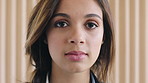 Face, woman and positive attitude in office for journalist career, news reporting and job development. Publishing agency, growth and pride for creative opportunity, ambition and about us in newsroom