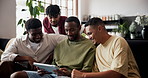 Streaming, tablet and talking with friends on sofa in home living room for bonding, break or weekend. App, relax and subscription service with men in apartment together for conversation or discussion
