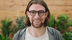 Glasses, face and man with smile in creative agency, journalism career and professional news reporting. Portrait, confidence and happy employee with eyewear in newsroom, press writer and about us
