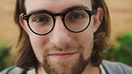 Man, face and glasses for eye care with smile for optical wellness, vision and spectacles at visual clinic. Person, eyewear and prescription lens for optometry, ocular health and confidence in Canada