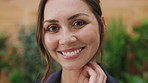 Face, woman and smile in office with confidence, marketing employment or pride for career development. Creative, female person and happy in workplace with brand management, advertising and hair tuck.
