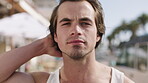 Employee, face and man in city, serious and creative reporter with pride for career growth or media. Travel, journalist and person with confidence for project on road, portrait and press in Canada