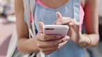 Hands, girl and happy with phone in city for online gossip, college break or social media post. Gen z, university student and scroll with smartphone in urban town for status update, texting and chat
