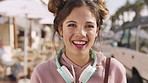 Travel, summer and face of girl with laugh on city street for holiday, vacation or weekend in break. Portrait, tourist and sightseeing with happy woman, smile and relax outdoors for trip in Miami