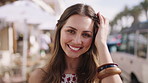 Travel, holiday and face of woman with smile on city street for summer, vacation or weekend in break. Portrait, tourist and sightseeing with happy girl, laugh and relax outdoors for trip in Miami