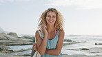 Happy, fashion and face of woman on beach for holiday, vacation and relax on weekend trip. Travel, summer and portrait of person with trendy style by ocean, sea and nature for tourism in Australia