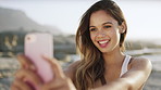 Happy woman, selfie and post at beach on vacation in summer, travel or on social media. Girl, influencer and smile with photography for memory, mobile app or content creation on seaside holiday